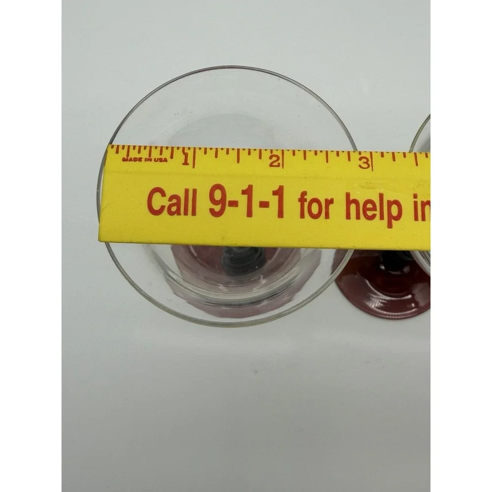 Set of 2 Cranberry Stem Wine Glasses Clear Bowl Knobby Stem Art Glass Goblets 6